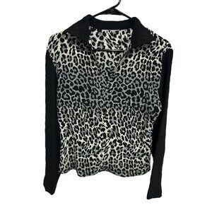 Womens Leopard Print Collared Long Sleeve Shirt Sz L Black Panels Retro Statemen
